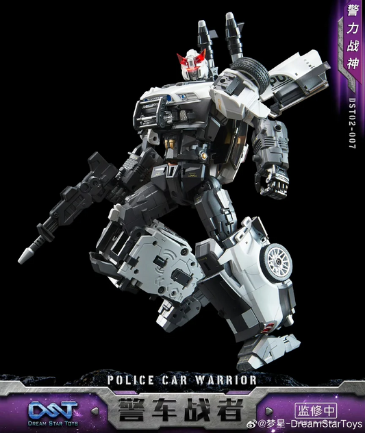 Toy figure of a police car warrior with a black background