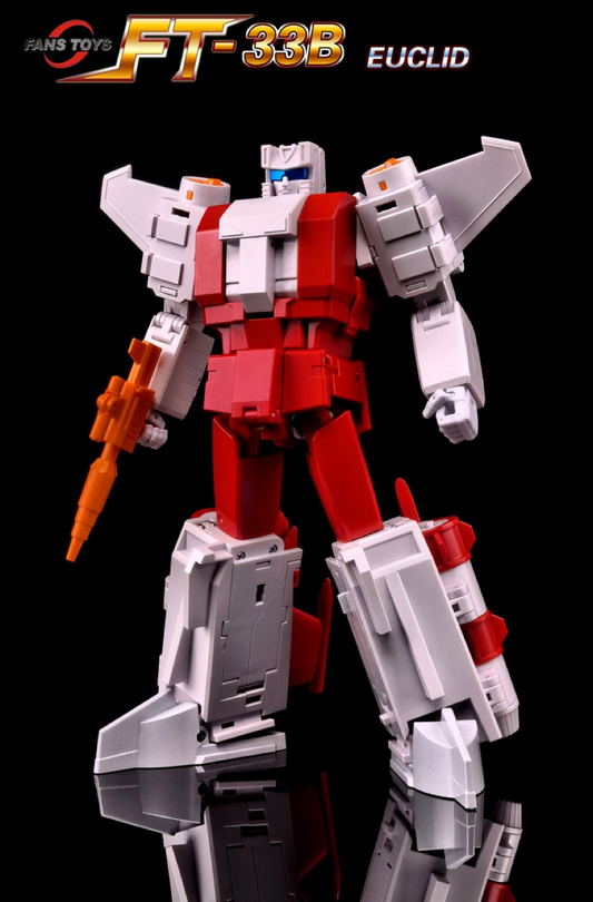 Transformers action figure with red, white, and gray color scheme on a black background