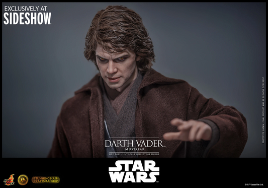 Darth Vader collectible figure in a brown robe, shown from the chest up against a dark gray background. The image includes promotional text reading 'EXCLUSIVELY AT SIDESHOW' and 'DARTH VADER MULTI-EAR' with Star Wars branding at the bottom.