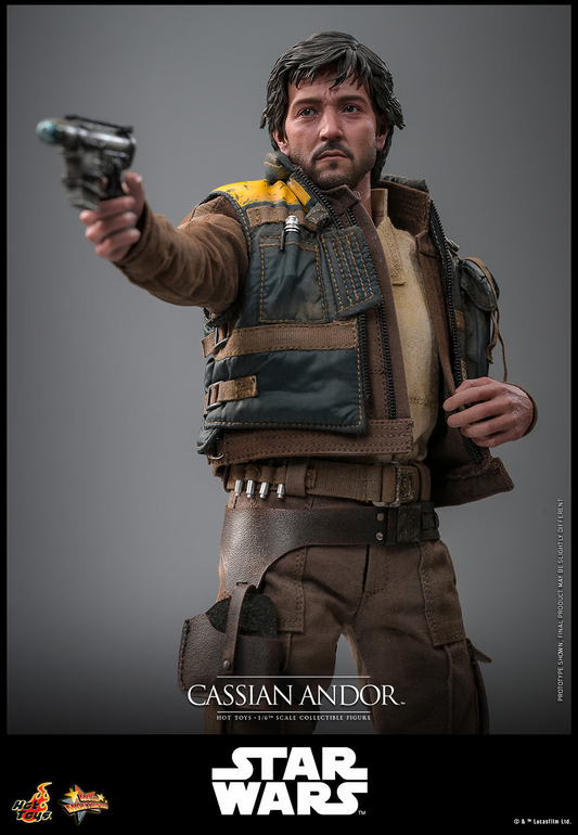 Model figure of Cassian Andor from 'Star Wars' holding a gun against a gray background.