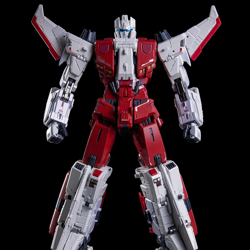 Transformable robot toy with red and white design on a black background, featuring branding and text.