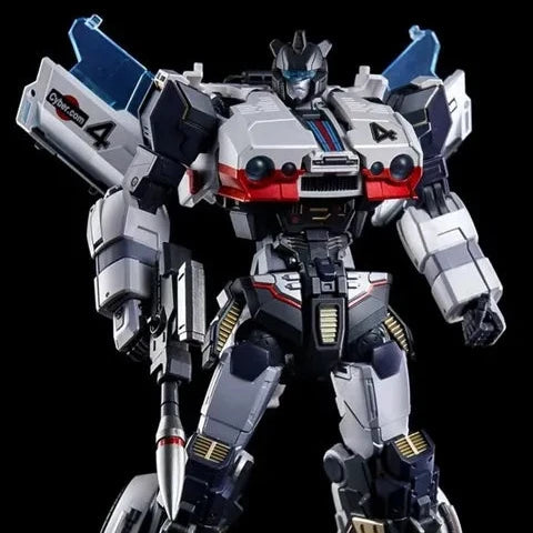A detailed robot action figure or model toy standing against a solid black background. The figure is primarily white and dark gray/black with blue wing-like accents on the shoulders, red stripes on the chest, and small gold details.
