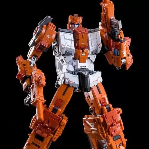 An orange and white mecha robot action figure posed in a dynamic stance against a solid black background.