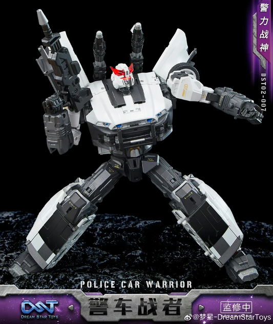 Toy figure of a police car warrior with a black background