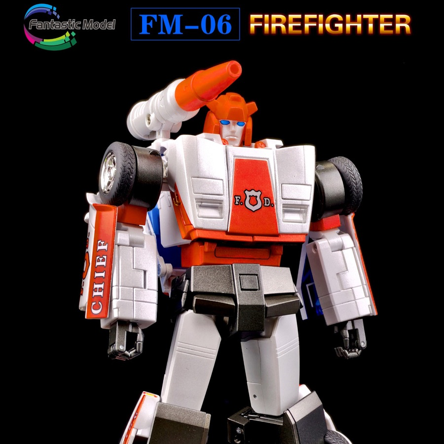 Transformers-style fire engine robot toy model shown standing against a black background, with FM-06 FIREFIGHTER text at the top and a Fantastic Model logo in the upper left.