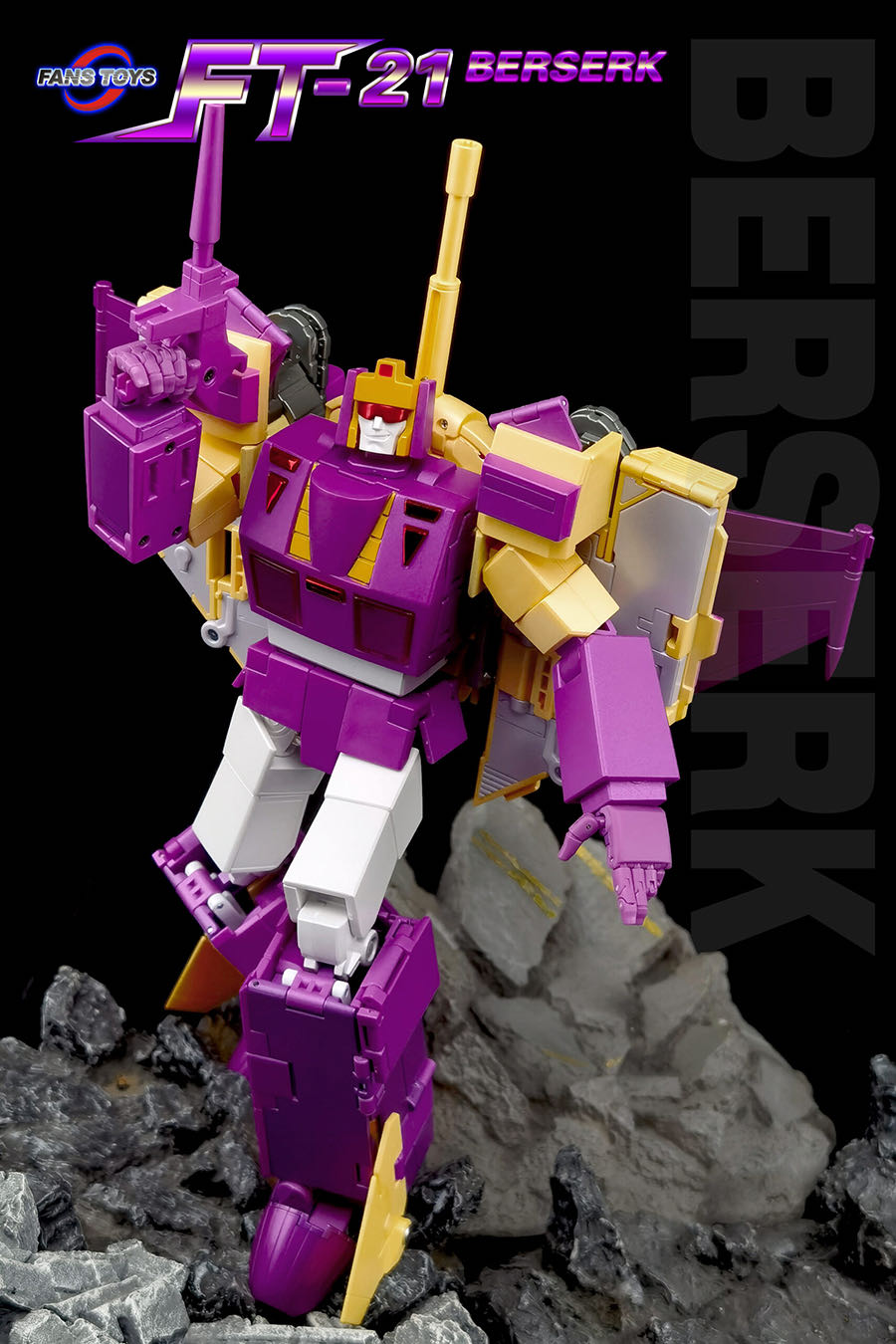 Transformers toy figure with purple and yellow colors on a rocky background
