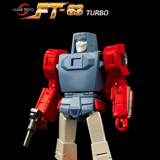 Transformers action figure FT-63 Turbo in red and blue color scheme, standing on a black background with Fans Toys branding and model text at the top.