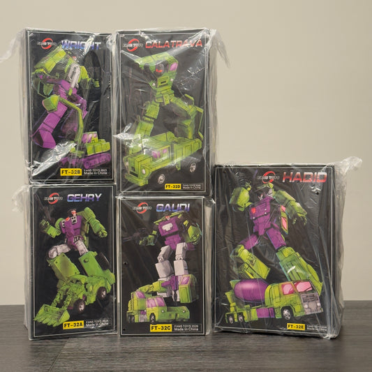 Fans Toys FT-32 Constructicons Set of 5 featuring FT-32A Gehry, FT-32B Wright, FT-32C Gaudi, FT-32D Calatrava, and FT-32E Hadid Masterpiece-scale Transformers Devastator figures brand-new 