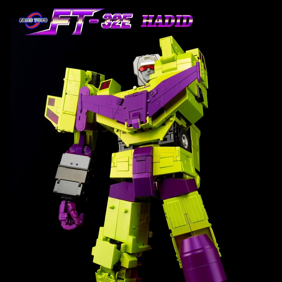 A toy robot figure in lime green and purple armor, posed against a black background with a logo and the name 'HADD' visible at the top.