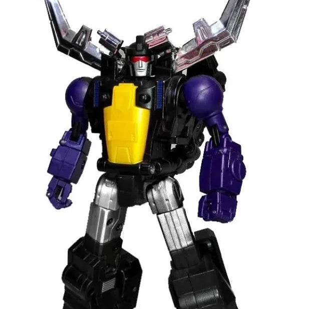 A toy robot figure with a black body, purple arms and legs, a yellow chest panel, and silver metallic weapon-like limbs, shown on a plain white background.