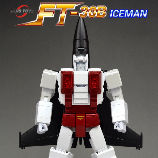 A Transformers-style robot toy figure labeled FT-30B ICEMAN, shown front-facing against a dark gray gradient background. The figure is primarily white with large red chest panels and black wings/upper body accents.