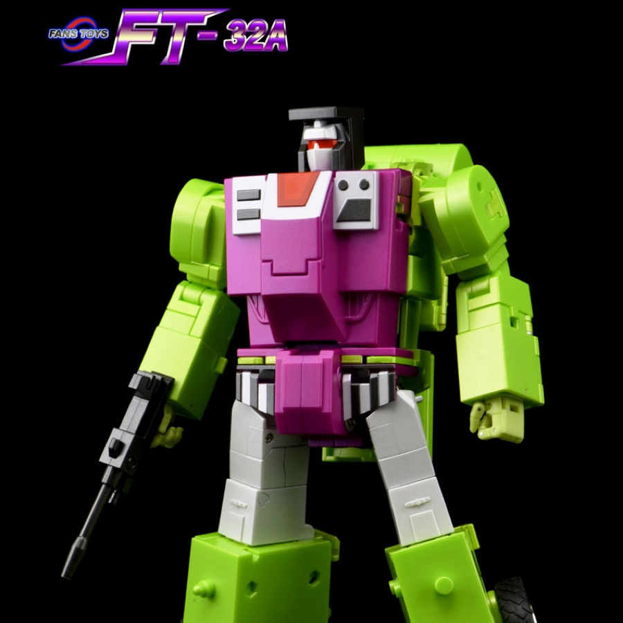 A toy robot figure in lime green and magenta armor with gray legs, holding a black rifle, shown against a black background with a stylized 'FT-32A' logo in the top left corner.