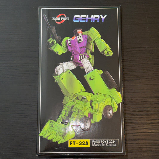 Fans Toys FT-32A Gehry Masterpiece Scrapper Constructicon figure standing in robot mode, like new condition, fully complete with accessories and original packaging visible, never displayed or transformed, with minor subtle discoloration on left leg, collector-grade Transformers third-party figure.