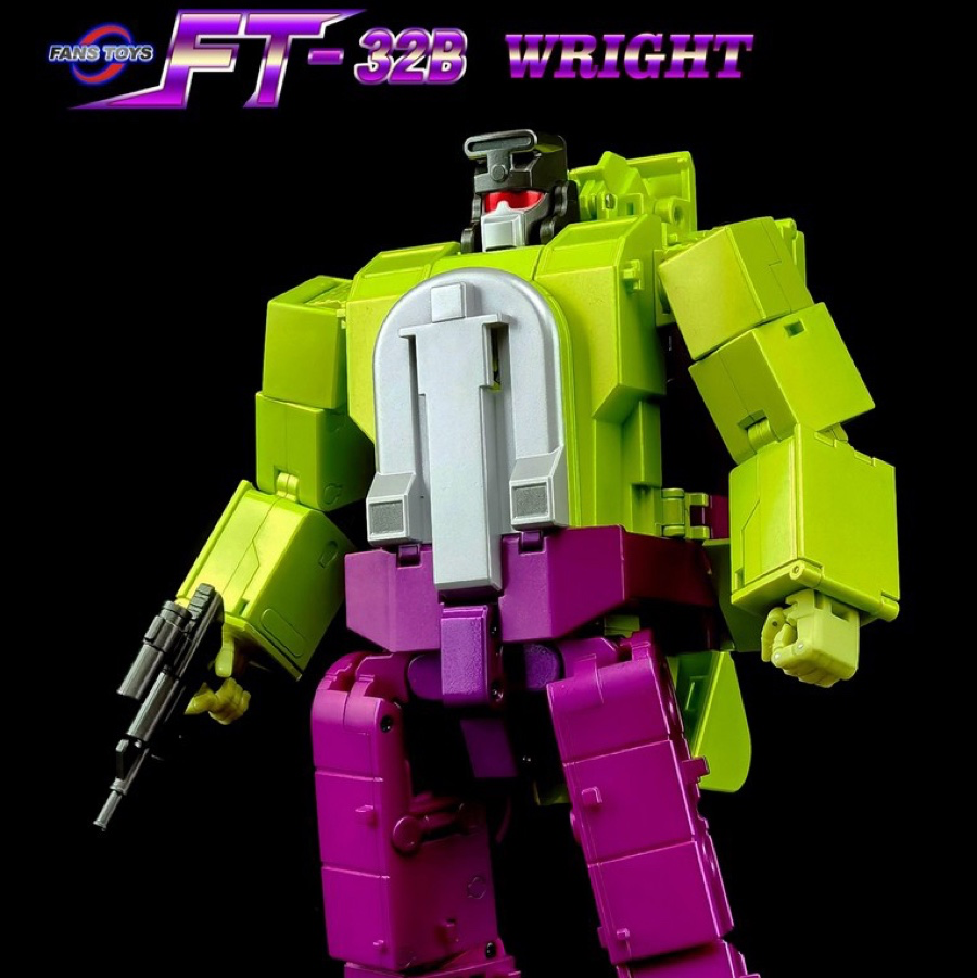 A collectible toy robot figure in lime green and magenta-purple colors, holding a black rifle, shown against a black background with a reflective surface below. The logo 'FT-328 WRIGHT' is visible in the top left corner.