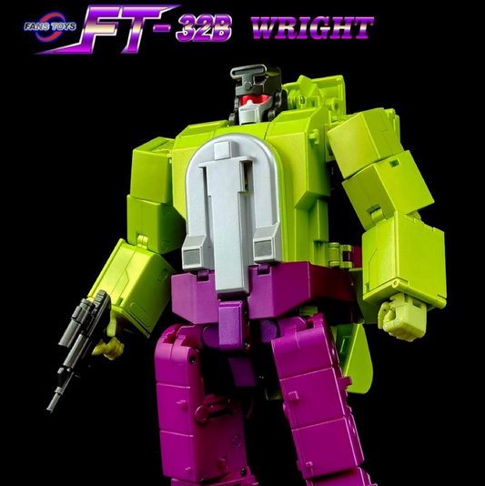 A collectible toy robot figure in lime green and magenta-purple colors, holding a black rifle, shown against a black background with a reflective surface below. The logo 'FT-328 WRIGHT' is visible in the top left corner.