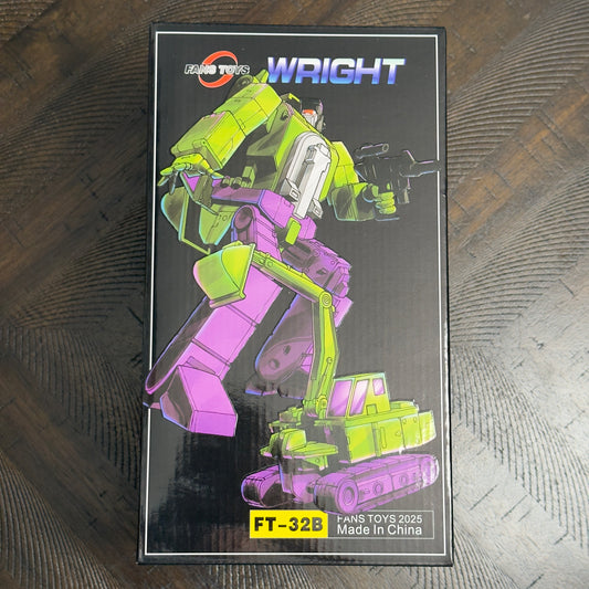 Fans Toys FT-32B Wright (Scavenger) Masterpiece Scale Transformers figure, brand new collectible featuring a highly detailed robot mode, green and purple Constructicon-inspired design, articulated joints, and premium display-quality finish. Includes accessories and transforms into an excavator vehicle mode. 