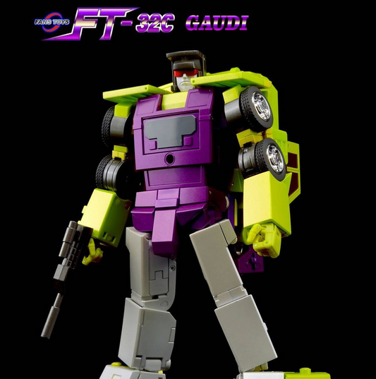 A toy robot figure in a dynamic pose on a black background, with the text 'FT-326 GAUDI' and 'GAUDI TOY' at the top. The figure has a purple torso, lime green shoulders and lower legs, and light gray legs and wheels.