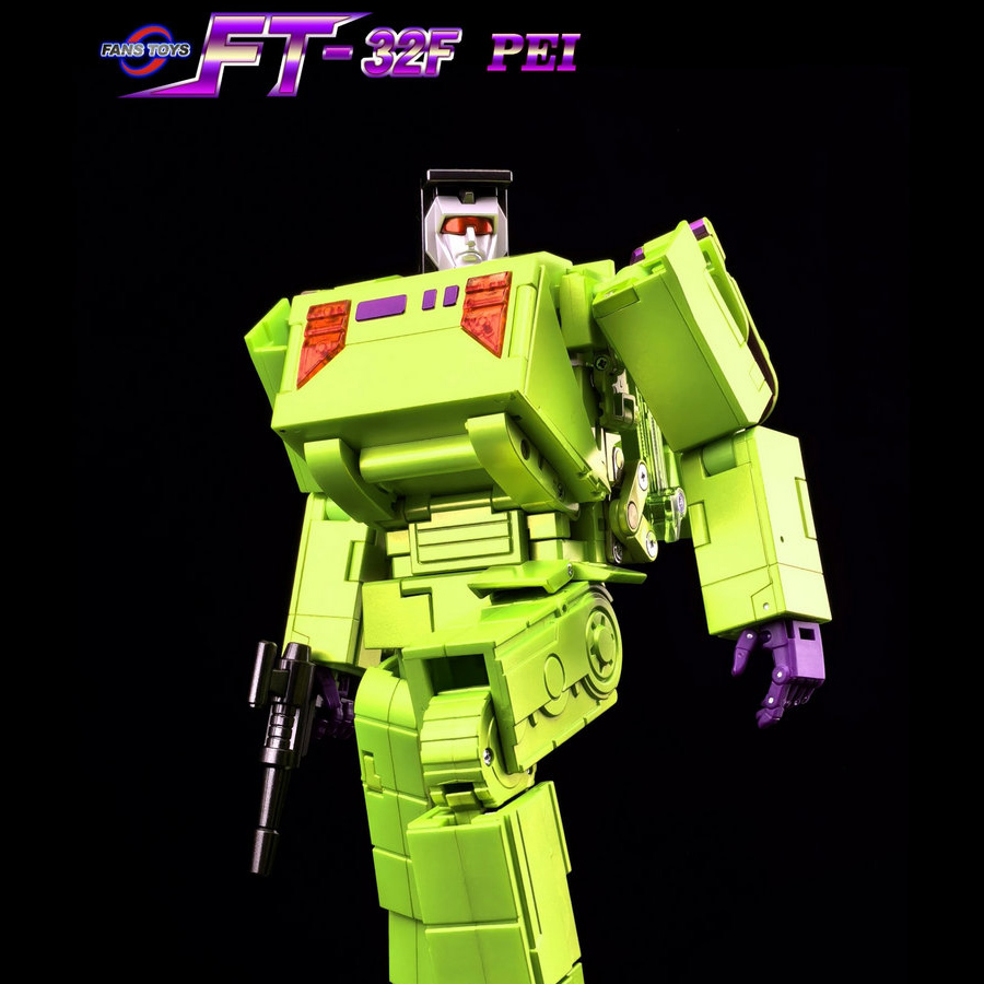 A lime green Transformers-style robot action figure standing on a rocky display base against a black background, with purple and red accents and a logo at the top left.