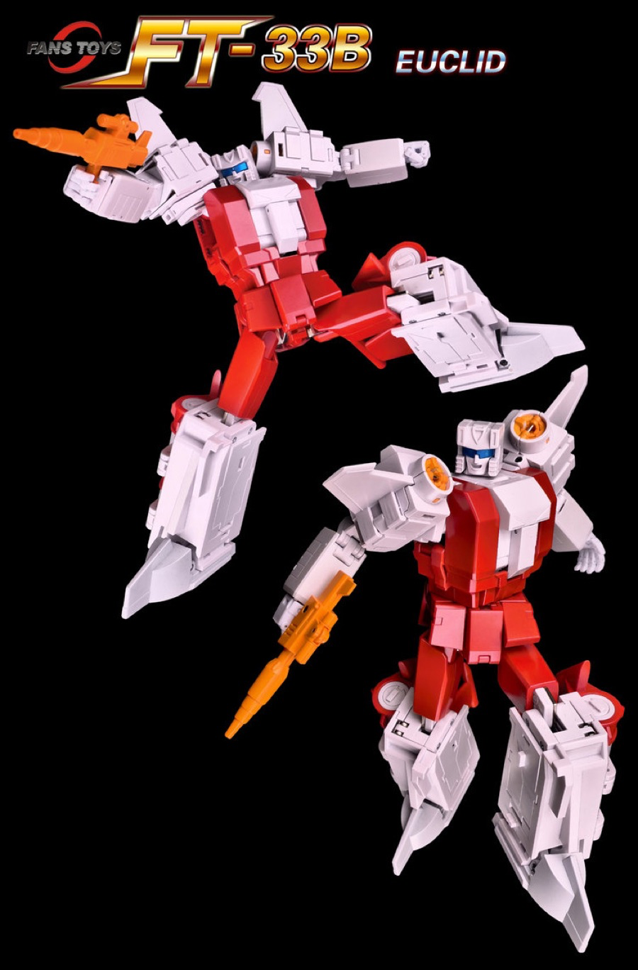 Two red and white toy mecha figures with orange accents posed against a solid black background, with the text 'FT-33B EUCLID' and 'FANS TOYS' at the top.