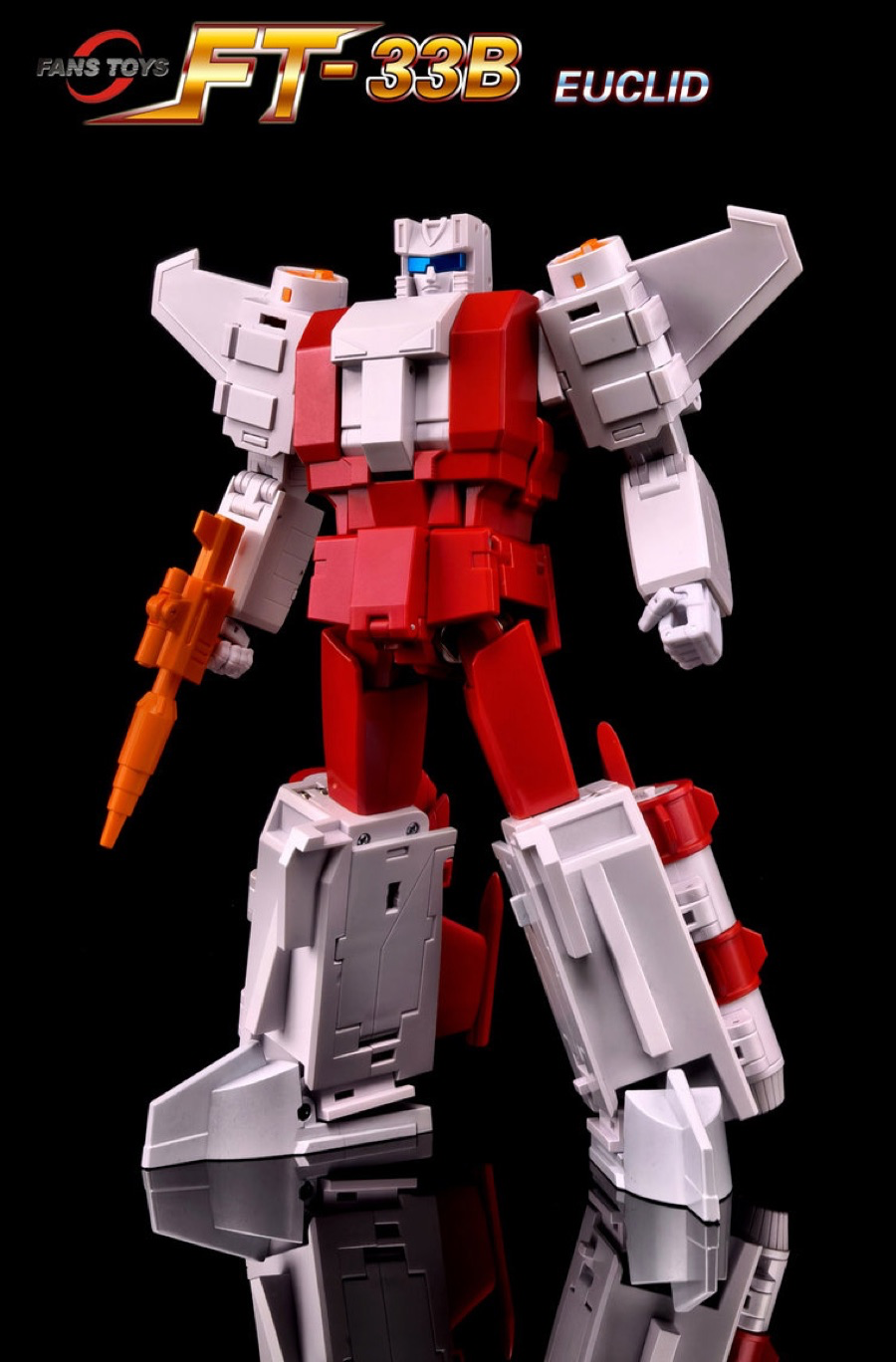 Transformers action figure with red, white, and gray color scheme on a black background