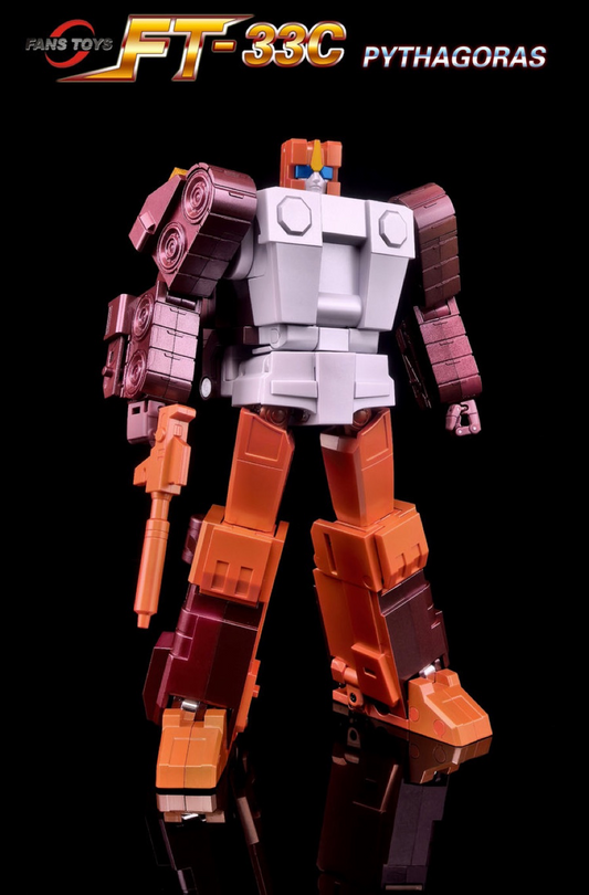 A Transformers-style action figure labeled FT-33C PYTHAGORAS, shown standing against a black background with a logo banner at the top. The figure has a white chest, orange and brown legs, and purple-brown shoulders and arms, holding a rifle.