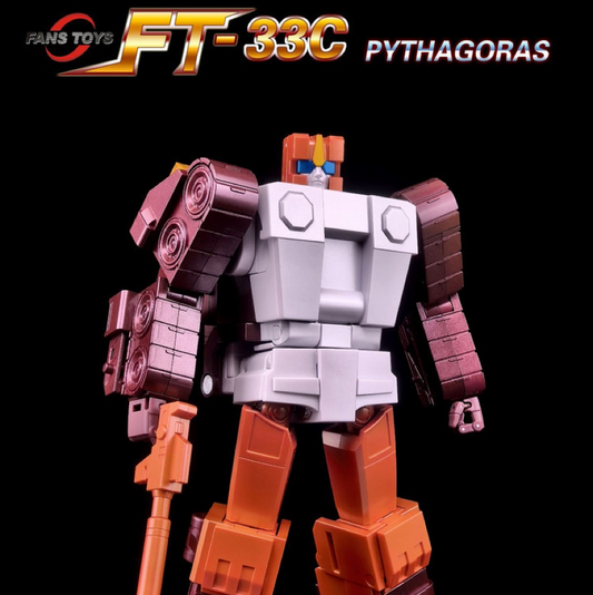 A Transformers-style action figure labeled FT-33C PYTHAGORAS, shown standing against a black background with a logo banner at the top. The figure has a white chest, orange and brown legs, and purple-brown shoulders and arms, holding a rifle.
