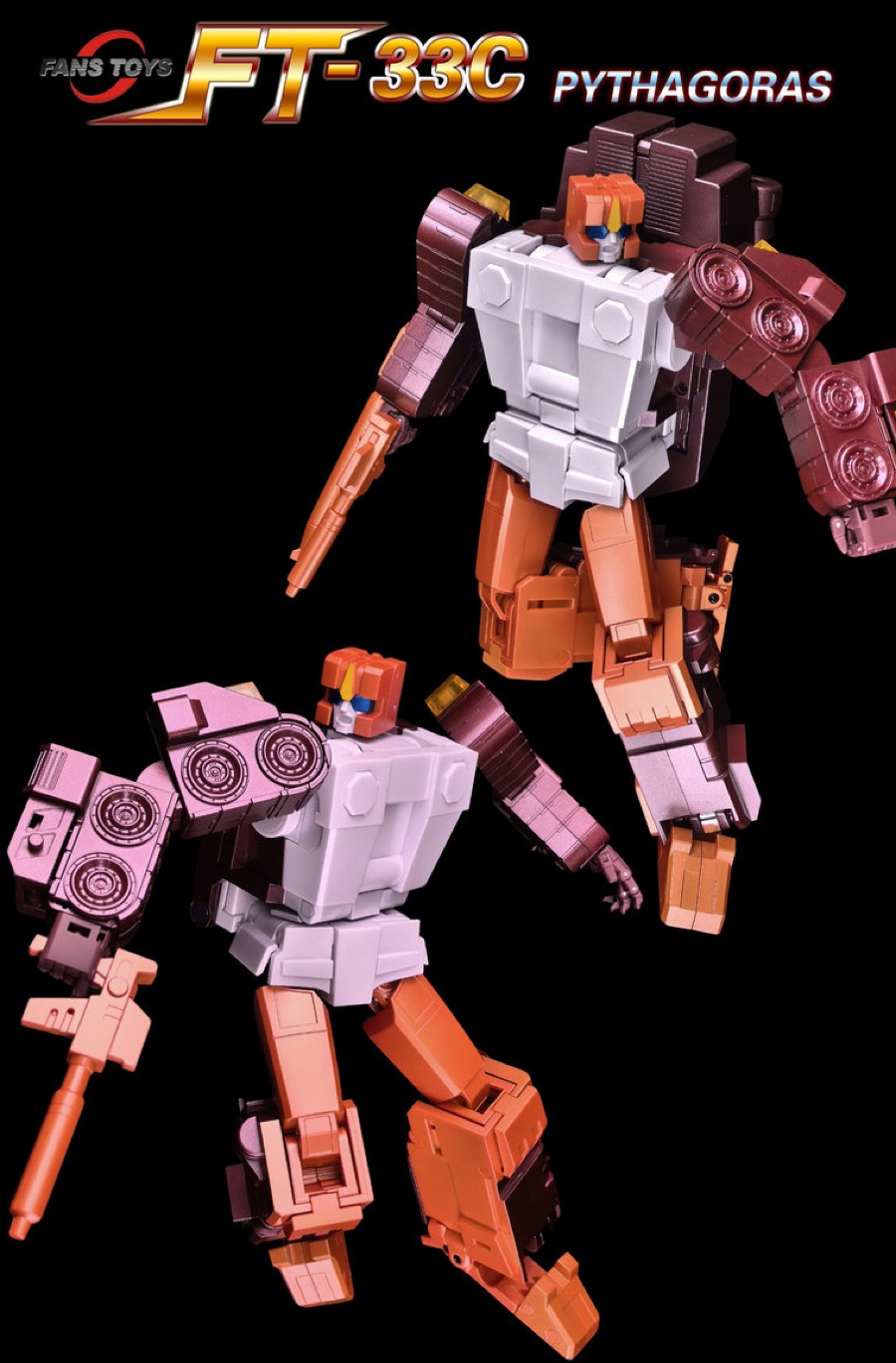 Transformers action figure set featuring two Pythagoras (FT-33C) figures in different poses against a solid black background, with 'FT-33C PYTHAGORAS' branding and 'FANS TOYS' logo at the top.