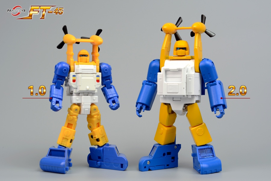 Two views of a toy robot figure on a gray studio background, showing front and back measurements with red lines and text labels 1.0 and 2.