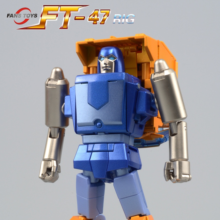 Toy robot figure with blue and orange color scheme on a gray background