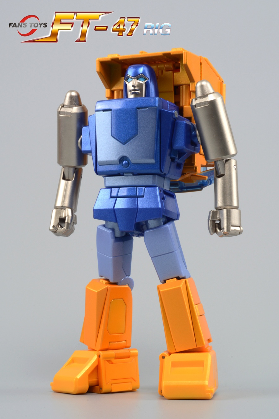 Toy robot figure with blue and orange color scheme on a gray background