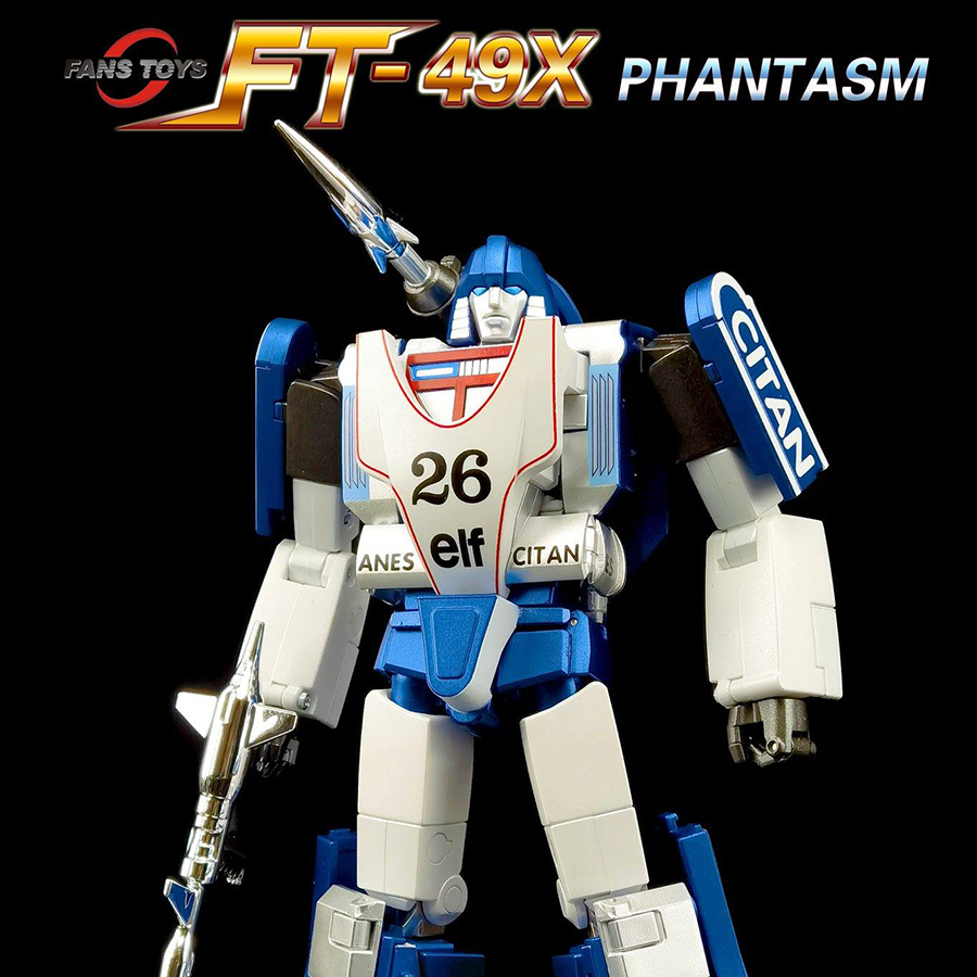 A blue and white Transformers-style robot figure labeled FT-49X PHANTASM, with visible FANS TOYS branding and sponsor-style markings, shown against a black background.