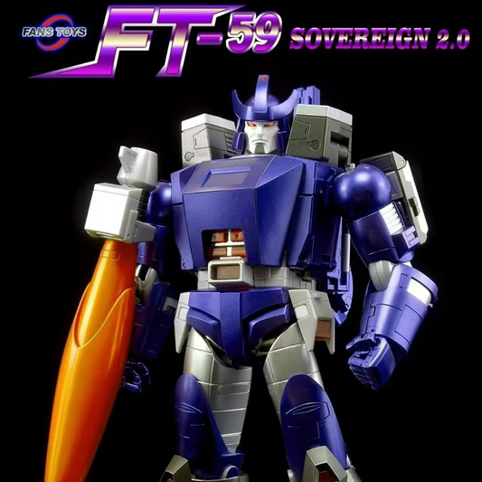 Transformers toy figure with 'FT-59 Sovereign 2.0' branding on a black background