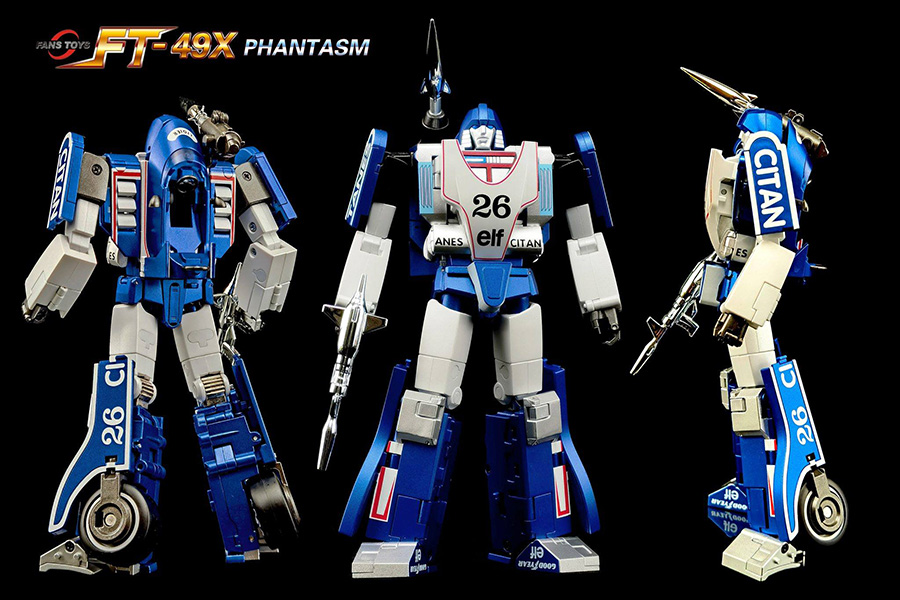 Three robot toy figures with blue and white color scheme on a black background