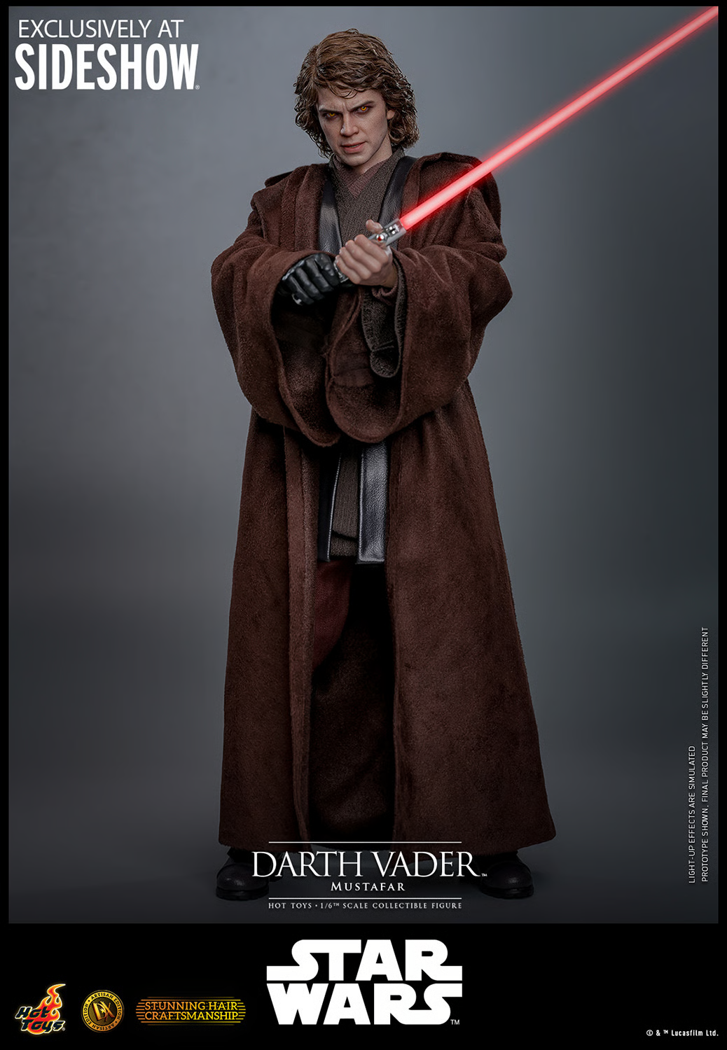 Star Wars Darth Vader Mustafar 1/6 scale collectible figure posed holding a red lightsaber, wearing a brown robe and gray undergarments, set against a dark gray studio background with promotional text and logos.