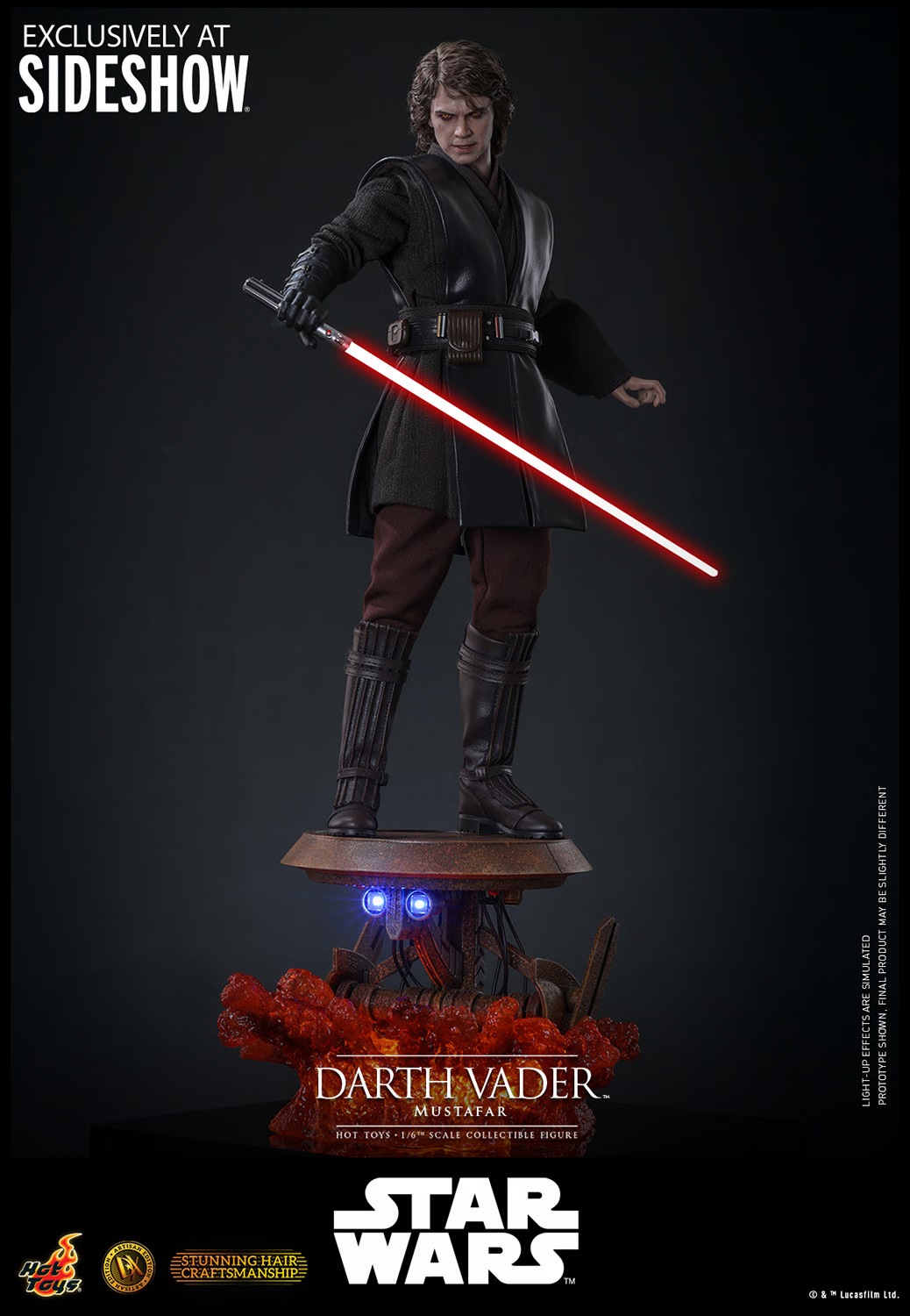 A Darth Vader Mustafar collectible figure posed holding a glowing red lightsaber on a dark display base with blue lights and red coral-like accents. The image includes Sideshow and Star Wars branding and a dark studio background.