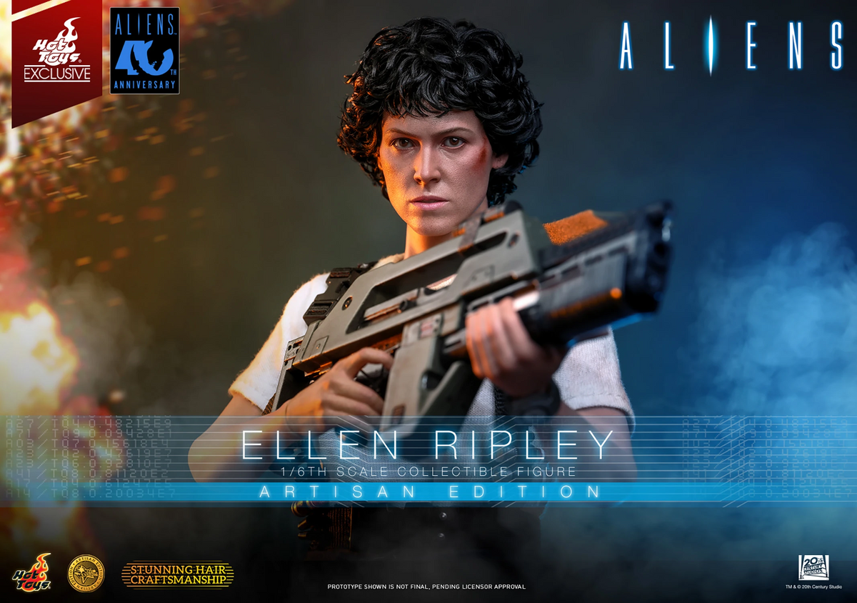 Hot Toys Alien's Ellen Ripley 1/6th scale collectible figure in Artisan Edition, featuring detailed sculpting, realistic hair, and a weapon, set against a dramatic blue and orange sci-fi background with Alien's logo.