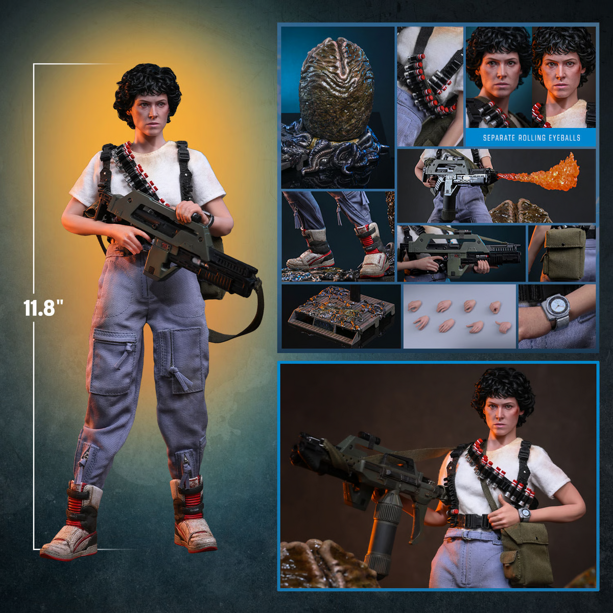 Action figure with accessories and character details on a gradient background