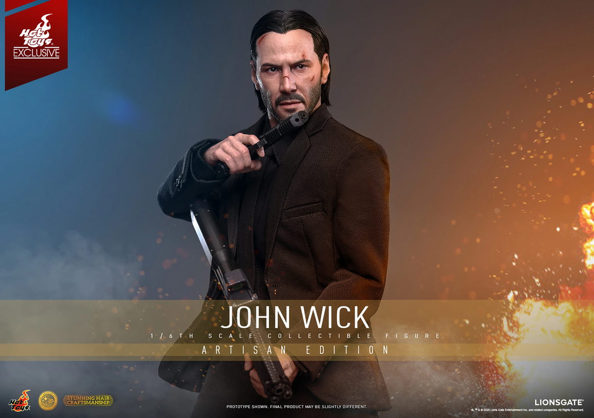 Hot Toys John Wick 1/6 scale collectible action figure in the Artisan Edition, posed holding a pistol and rifle against a dramatic background with smoke, fire, and the Hot Toys Exclusive badge.