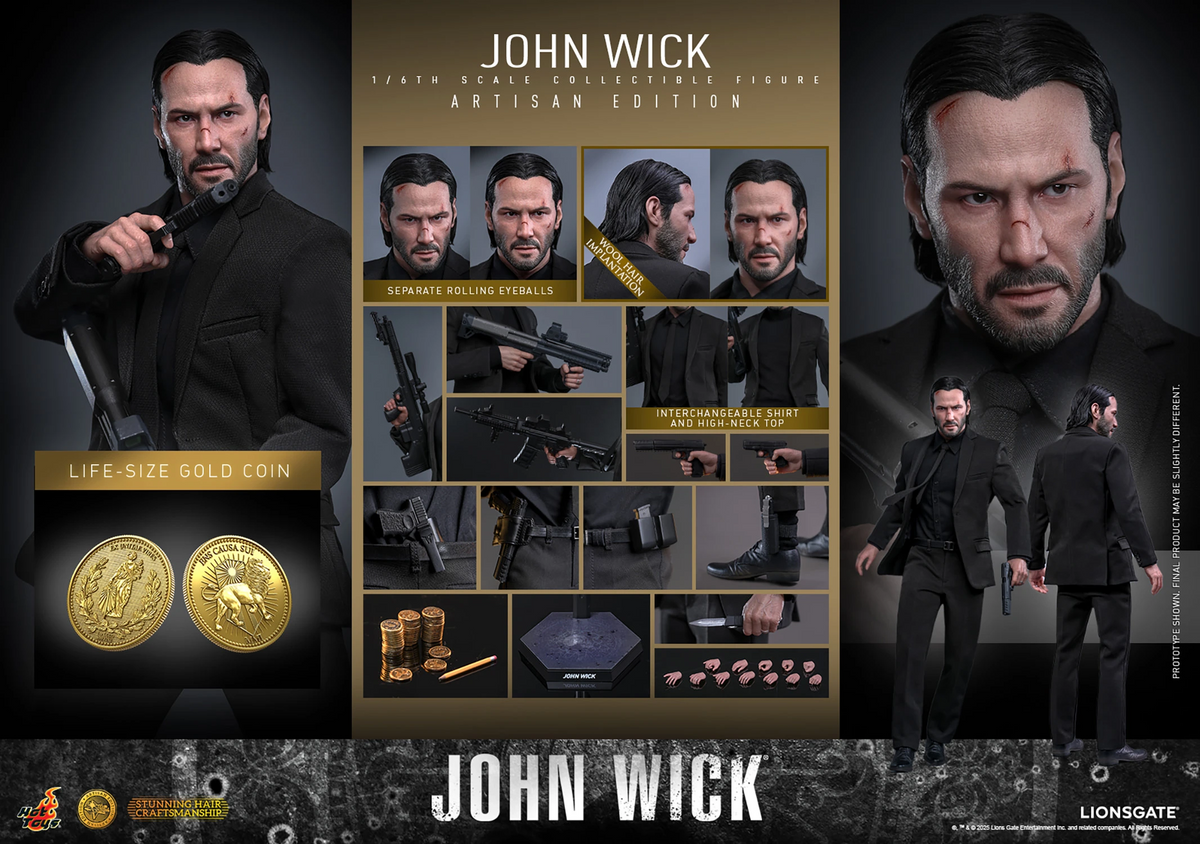 John Wick action figure with collectible props and gold coin on a dark background
