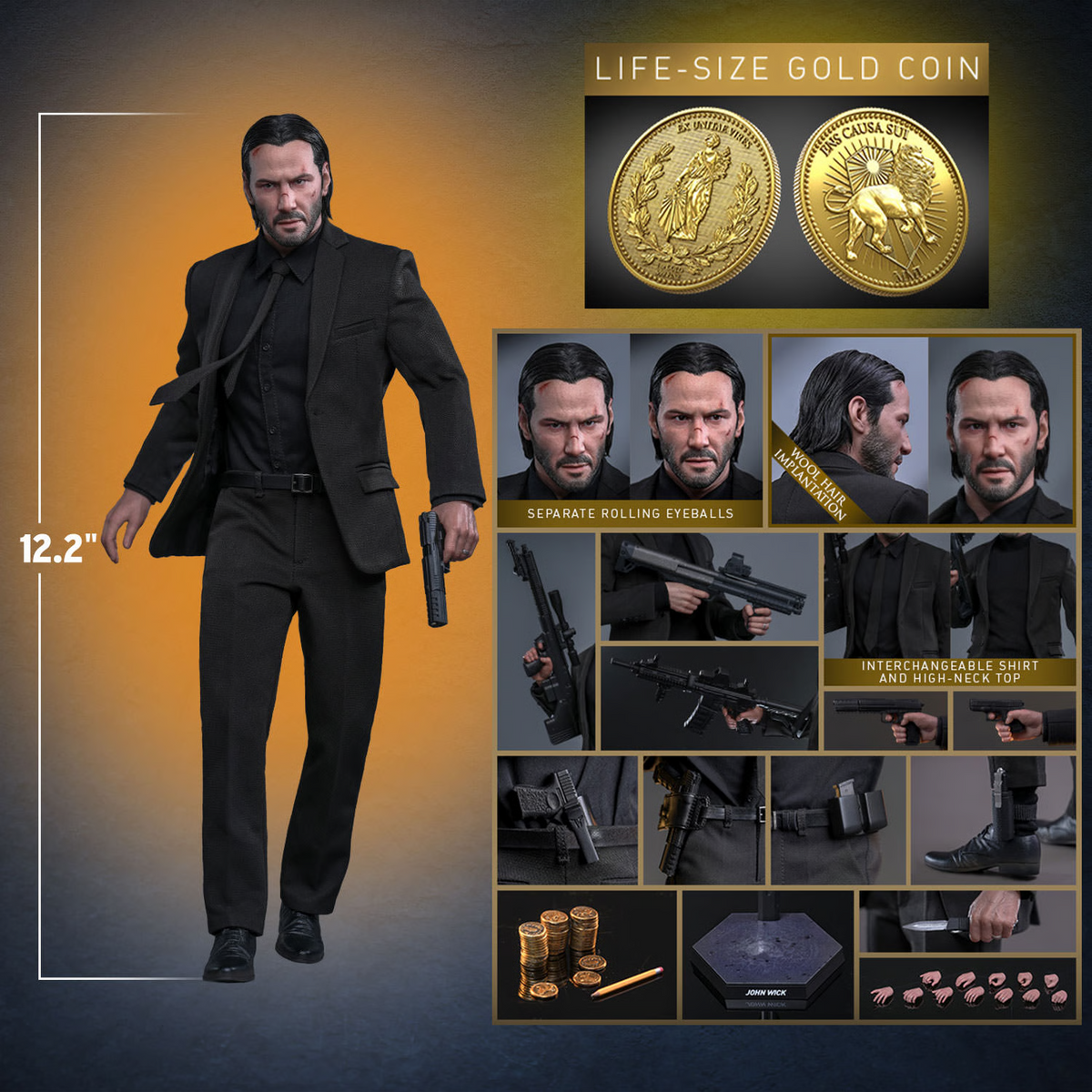 A 1/6 scale collectible action figure of a man in a black suit holding a pistol, shown next to a detailed feature collage and a gold coin accessory. The collage highlights interchangeable head angles, separate rolling eyeballs, an interchangeable shirt and high-neck top, accessories, and a life-size gold coin.