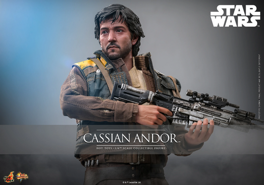 Cassian Andor figure from 'Star Wars' holding a weapon against a gray background with 'Star Wars' logo.