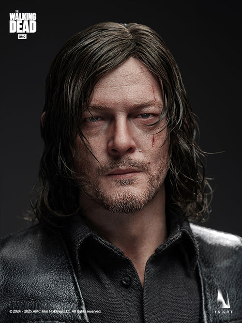 A close-up portrait of a collectible figure or statue depicting the character Daryl Dixon from The Walking Dead, with long dark hair, a stubble beard, and a black shirt and jacket against a dark studio background. The The Walking Dead logo appears in the top left corner.