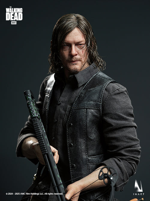 A highly detailed collectible action figure of Daryl Dixon from The Walking Dead, wearing a black leather vest and shirt, holding a bow and crossbow, against a dark studio background.