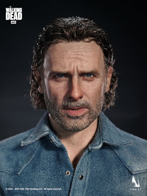 Man wearing a denim shirt with 'The Walking Dead' logo in the corner