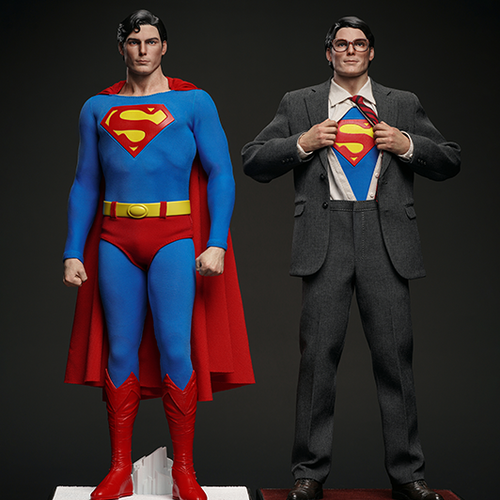 Superman figure in blue suit with red cape and another figure in a suit with Superman logo, on a dark background.