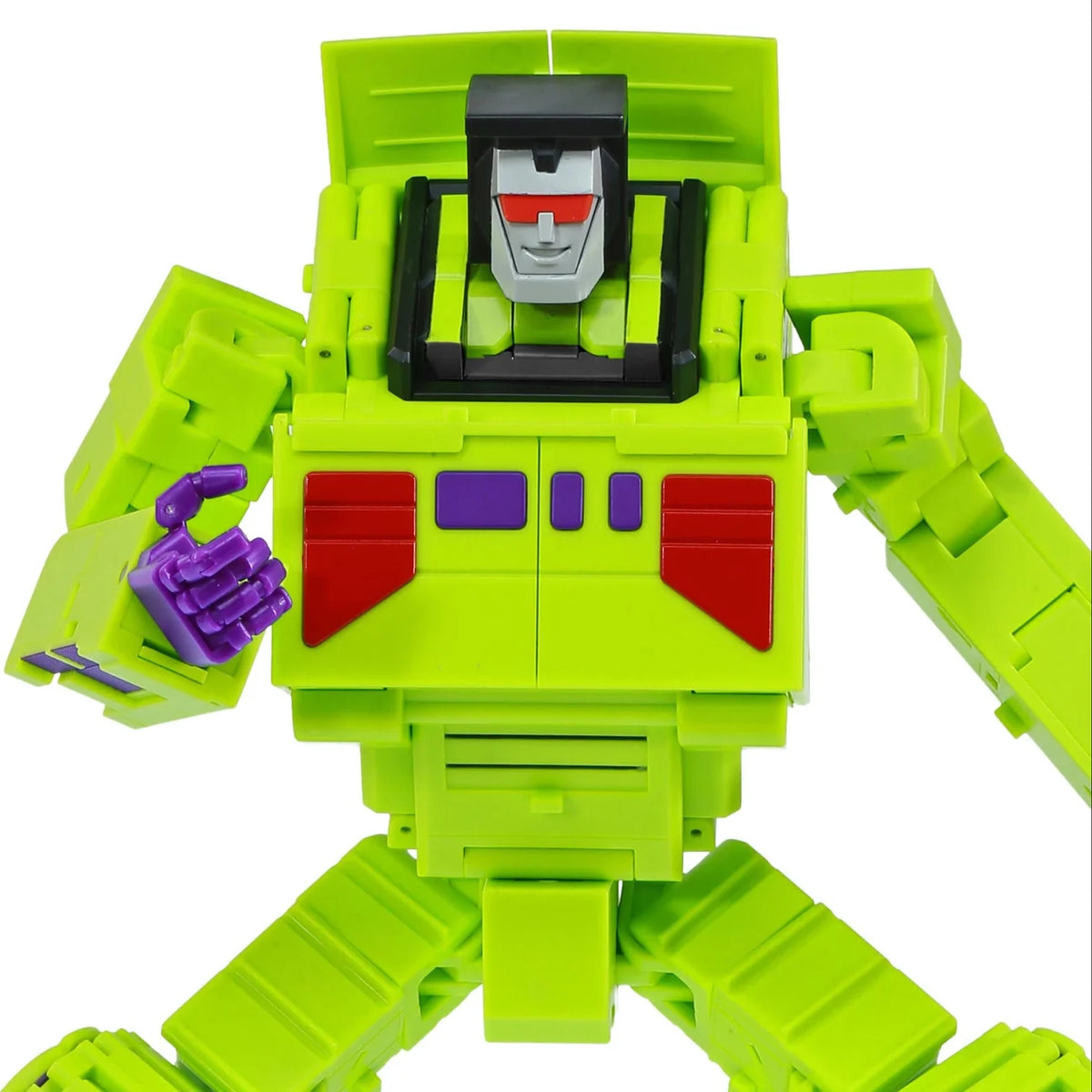 A lime green toy robot figure with red and purple accents, standing in a wide pose on a plain white background.