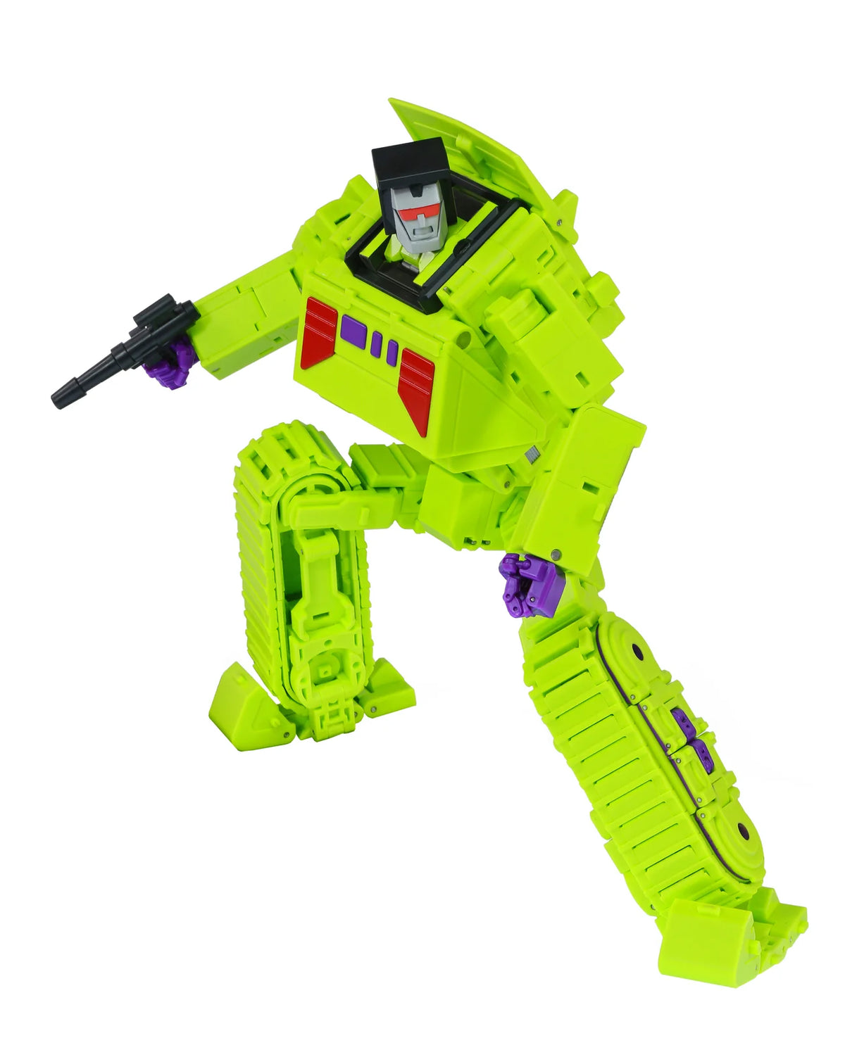 A lime green Transformers-style robot toy figure with purple hands and feet, a black top section, red chest details, and a small gray and red face, shown on a plain white background.
