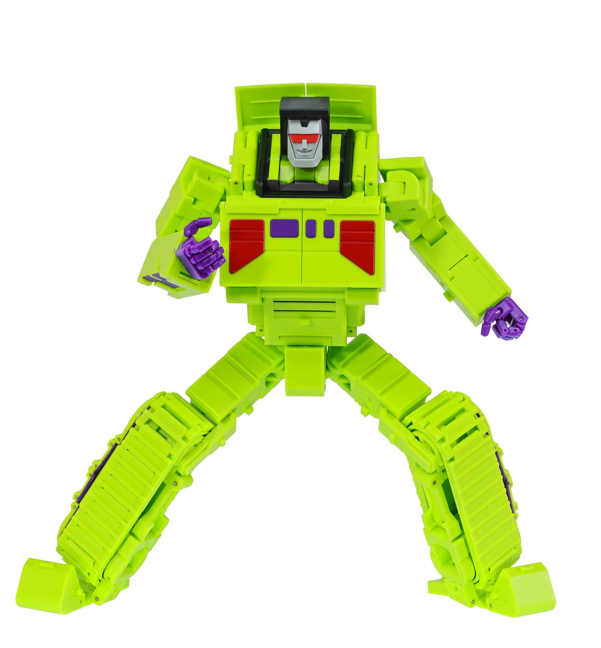 A lime green toy robot figure with red and purple accents, standing in a wide pose on a plain white background.