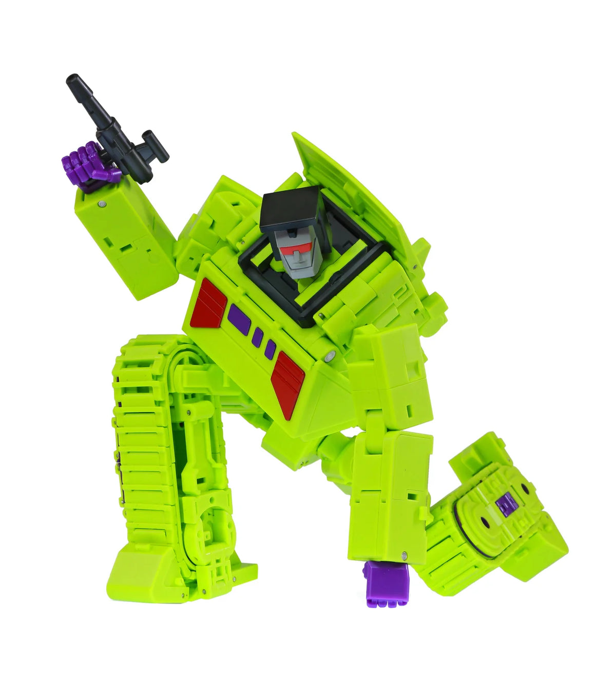 A lime green and black toy robot figure with purple accents, holding a black gun, isolated on a white background.