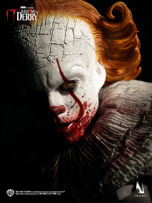 Character with a cracked face and red hair from 'IT: Welcome to Derry' on a dark background.